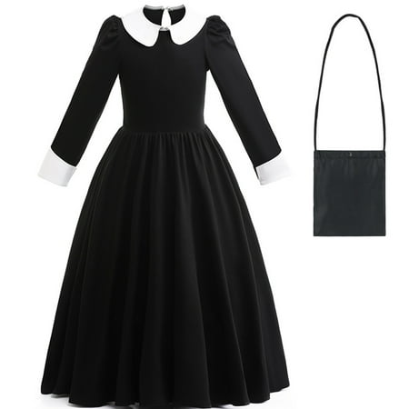 Girls Wednesday Costume Dress with Black Bag Family Halloween Costumes Long Sleeve Cosplay Party