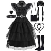 Girls Halloween Costume Fancy Dress with Wig Black for Kids Carnival Party 3-4 Years