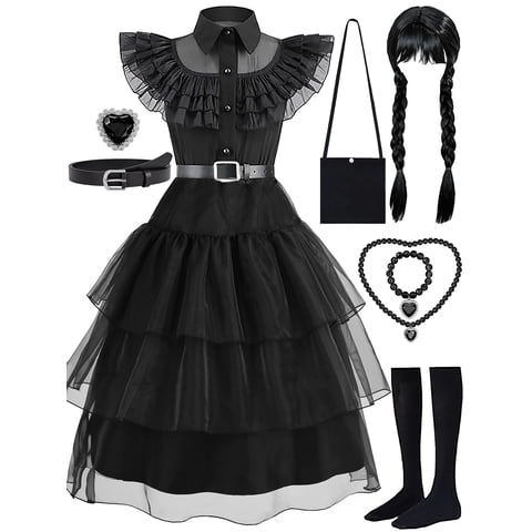 Girls Halloween Costume Fancy Dress with Wig Black for Kids Carnival Party 3-4 Years