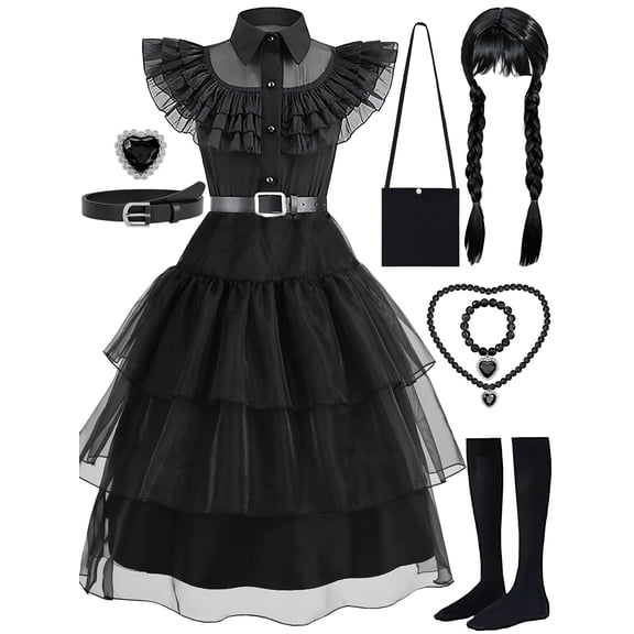 Girls Halloween Costume Fancy Dress with Wig Black for Kids Carnival Party 3-4 Years