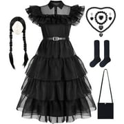Girls Wednesday Addams Costume Halloween Fancy Dress with Wig Black for Kids Carnival Party 3-14 Years