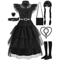 thumbnail image 1 of Girls Halloween Costume Fancy Dress with Wig Black for Kids Carnival Party 7-8 Years, 1 of 7