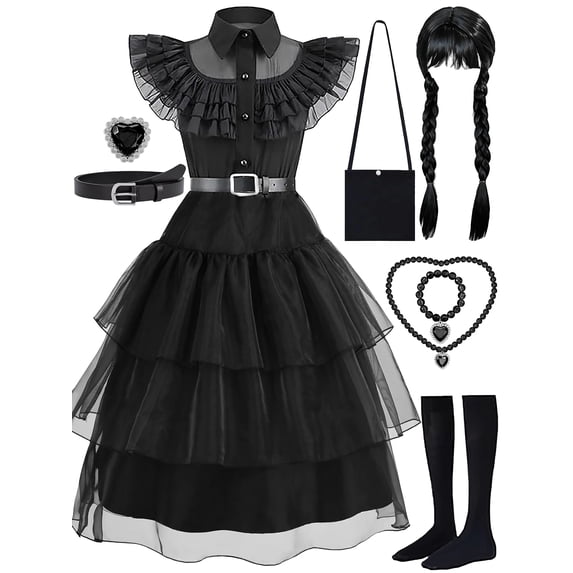 Girls Halloween Costume Fancy Dress with Wig Black for Kids Carnival Party 7-8 Years