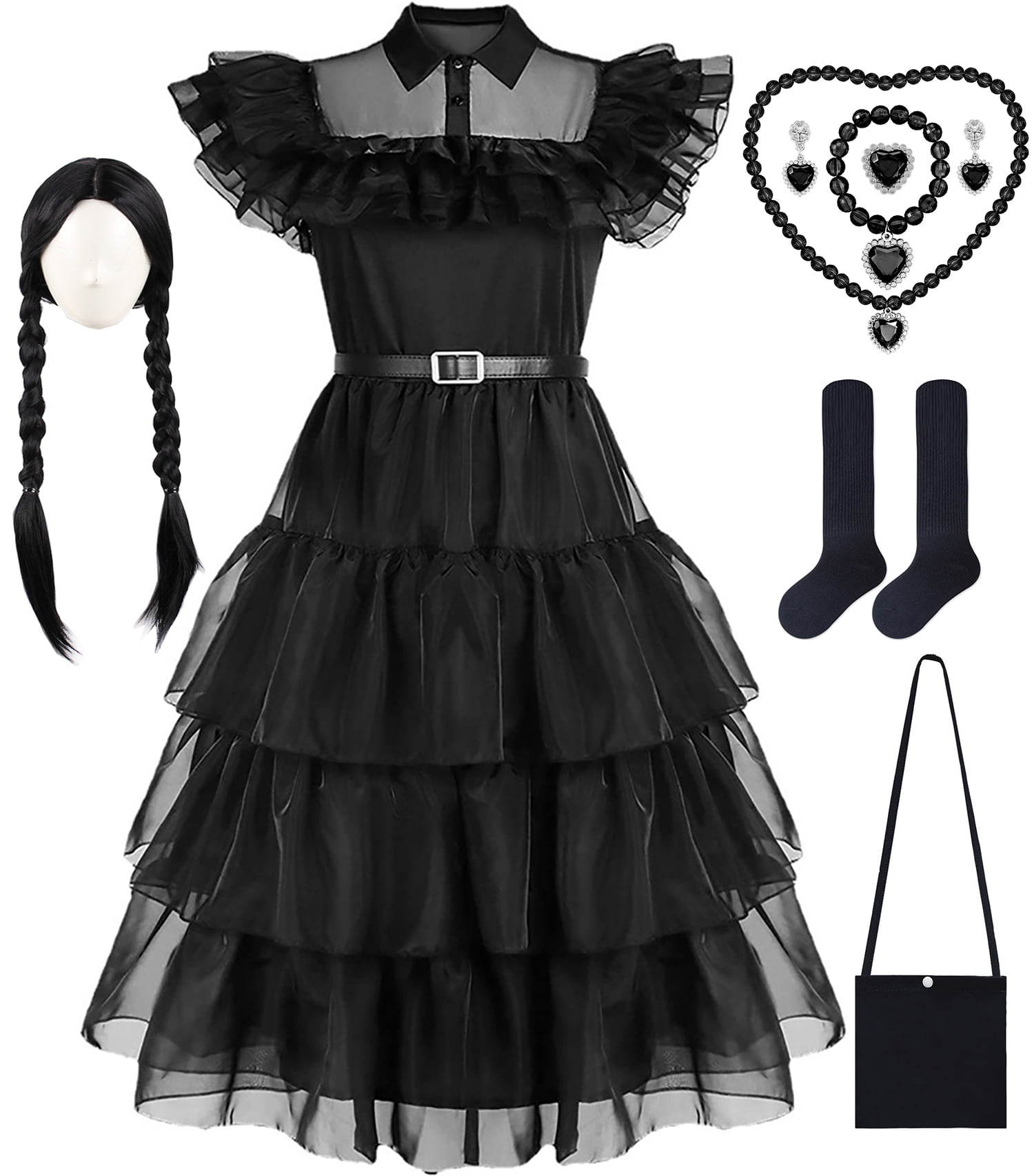 Girls Wednesday Addams Costume Halloween Fancy Dress with Wig Black for ...