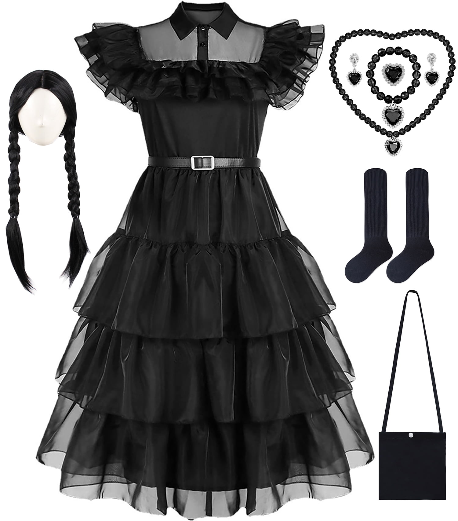 Girls Wednesday Addams Costume Halloween Fancy Dress with Wig Black for
