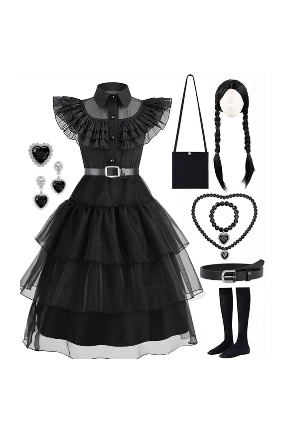 Girls Halloween Costume Fancy Dress with Wig Black for Kids Carnival Party 12-14 Years