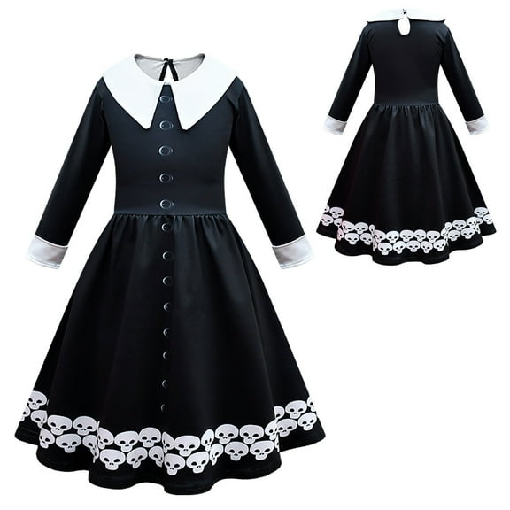 Girls Black Dress Halloween Long Sleeve Costume for 4-10 Year