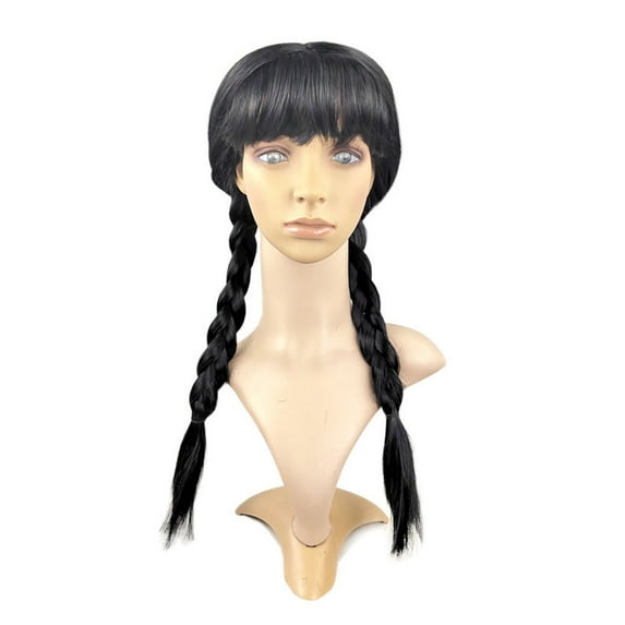 Girls Wednesday Wig Halloween Party Long Straight Black Braided Wig with Bangs