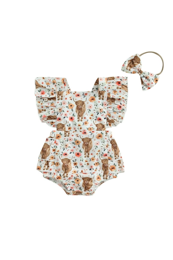 Girls Western Baby Girl Clothes 6M 12M 18M 24M Cow Print Romper Ruffle Sleeveless Onesie Bodysuit Headband Infant Cowgirl Outfit