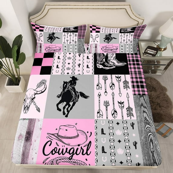 Western Bed Sheets Twin Pink Grey Cowgirl Bedding Set Teen Women Wild West Bull Horse Fitted Sheet Country Farmhouse Buffalo Plaid Sheets 1 Pillow Case Room Decor