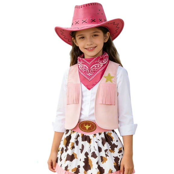 Girls Western Costume Vest and Skirt Outfit Play Dress Up Party Role Play Performance Cowboy Print Long Sleeve Crew Neck Above Knee Pink 6 Years-7 Years
