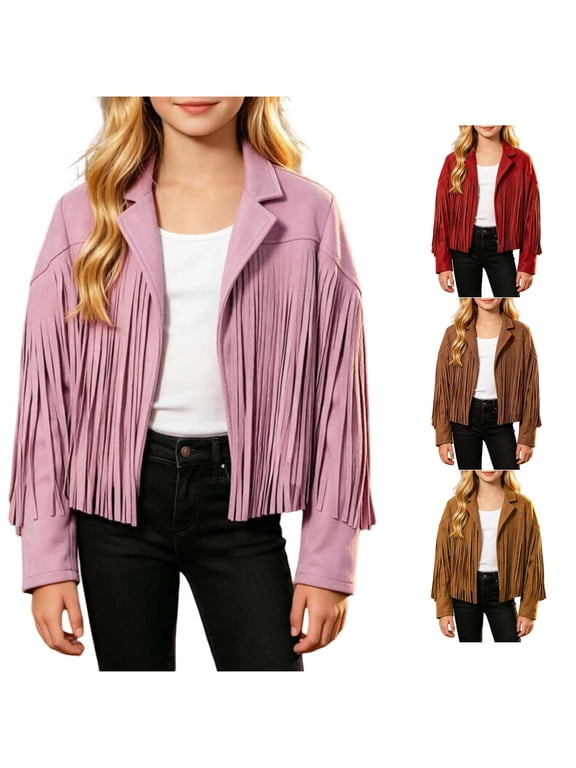 Girls Western Cowboy Fringe Jacket Tassel Cardigan Cropped Coat 5-14 Years