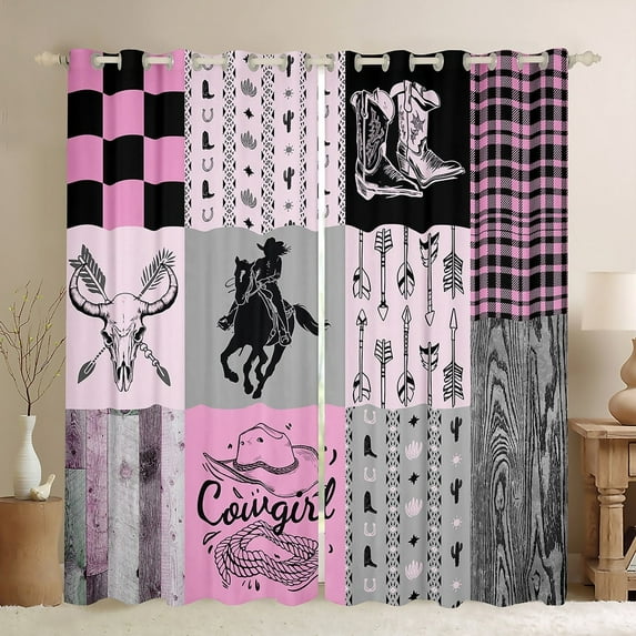 Western Curtains & Drapes 52"Wx63"L Pink Grey Cowgirl Curtains Wild West Bull Horse Window Curtains Country Farmhouse Buffalo Plaid Window Treatments 2 Panels Room Decor