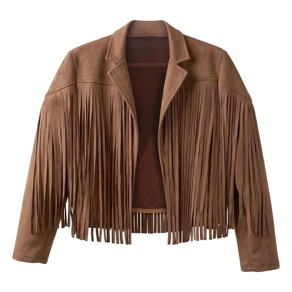 Girls Western Fringe Jacket, Long Sleeve Open Front Suede Coat for Rodeo Party and Casual Fall Wear