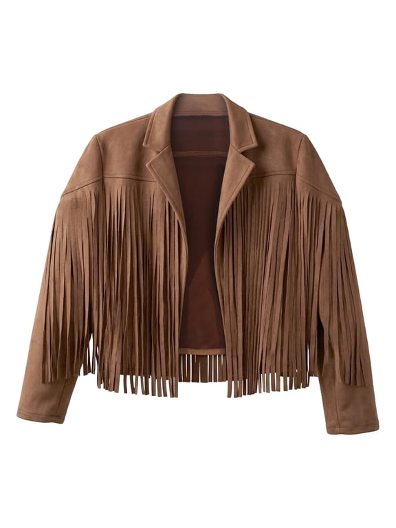 Girls Western Fringe Jacket, Long Sleeve Open Front Suede Coat for Rodeo Party and Casual Fall Wear