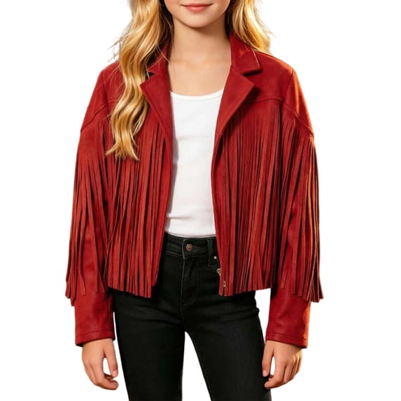 Girls' Western Fringe Jacket Open Front Jacket with Tassel Casual Cropped Suede Jacket