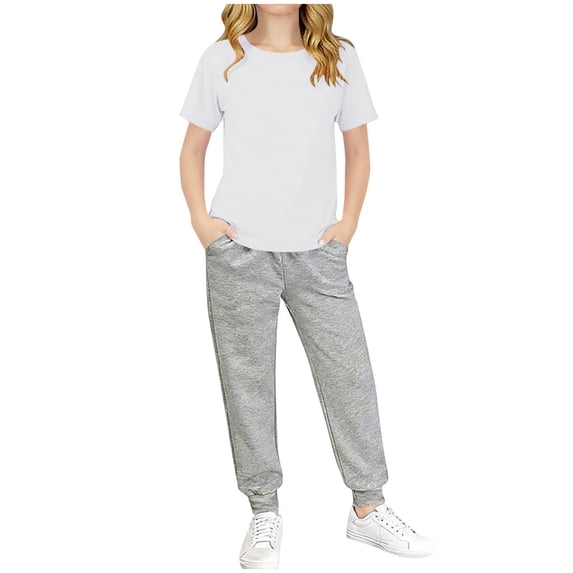 Girls White 2-Piece Jogger Set Lounge & Activewear Outfit Soft Stretchy Short Sleeve Top and Pants Play Clothes Tag-Free,Size 7-8 T