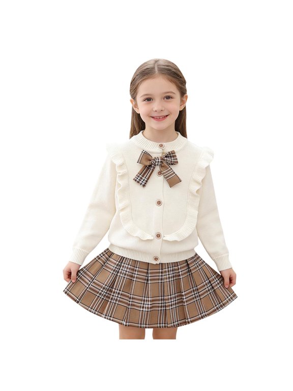 Girls White 2-Piece Set, Knit Top and Plaid Skirt Outfit with Ruffles, Elegant Preppy Dress for Kids Kids 2-8 Years, Easter or Photo Shoot,Size 4-5 T