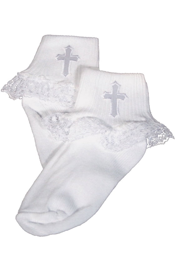 Girls White Anklet Socks with Embroidered Cross Applique and Lace (Baby)