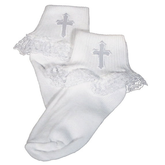 Girls White Anklet Socks with Embroidered Cross Applique and Lace(Baby)