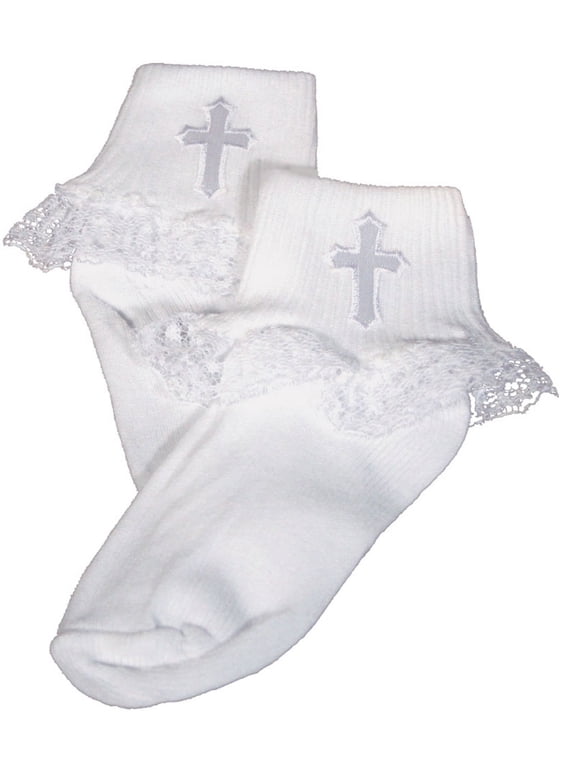 Girls White Anklet Socks with Embroidered Cross Applique and Lace(Baby)