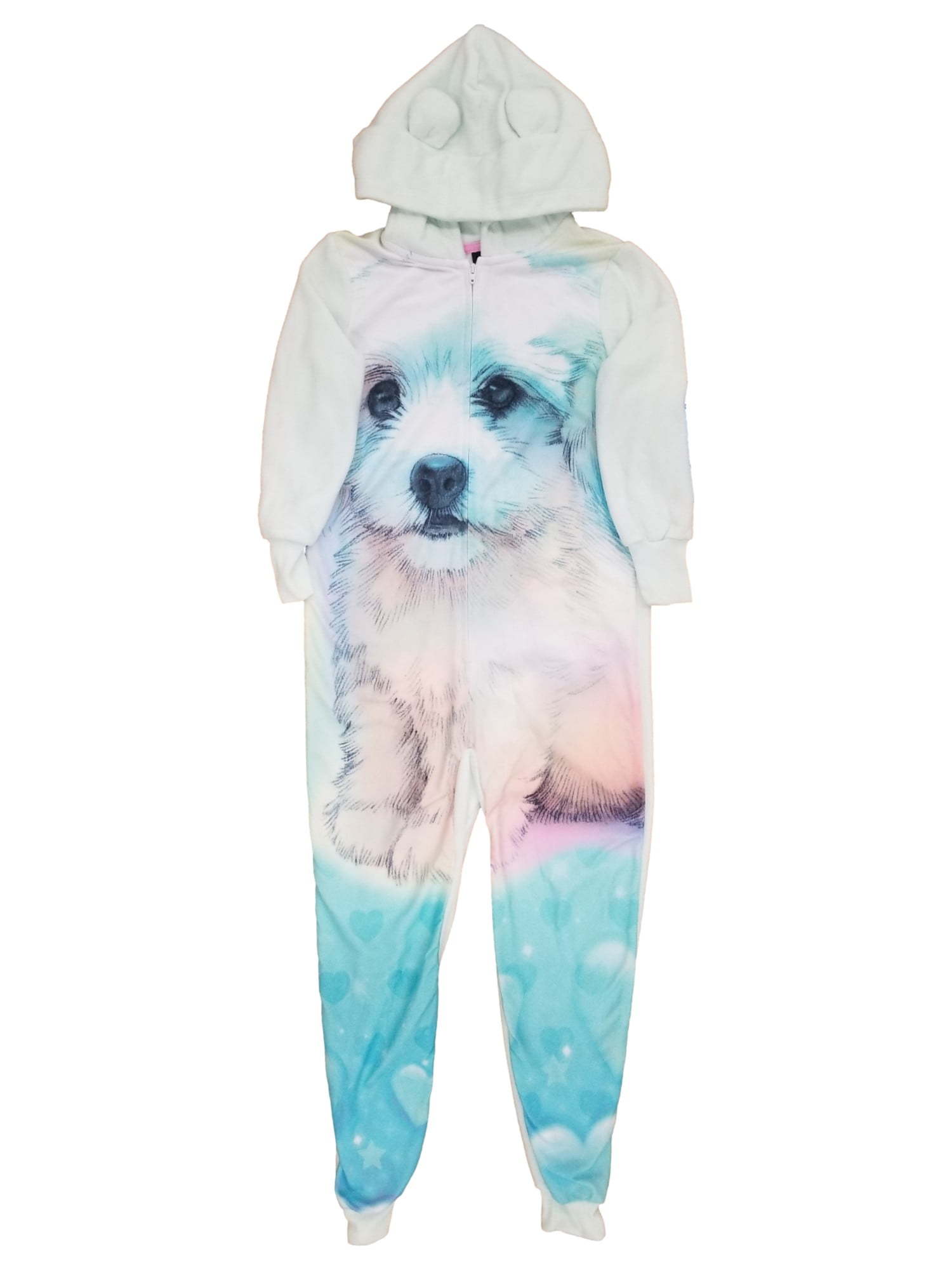 Girls White & Blue Puppy Dog One Piece Sleeper Bodysuit w/ Hood X-Small (4/5)