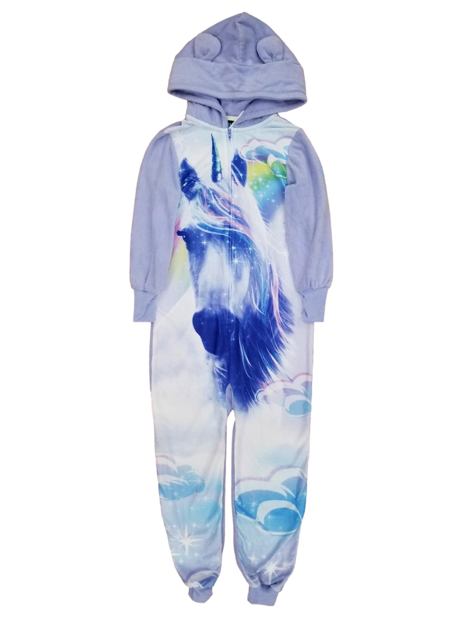Girls White & Blue Unicorn One Piece Sleeper Bodysuit w/ Hood X-Small (4/5)