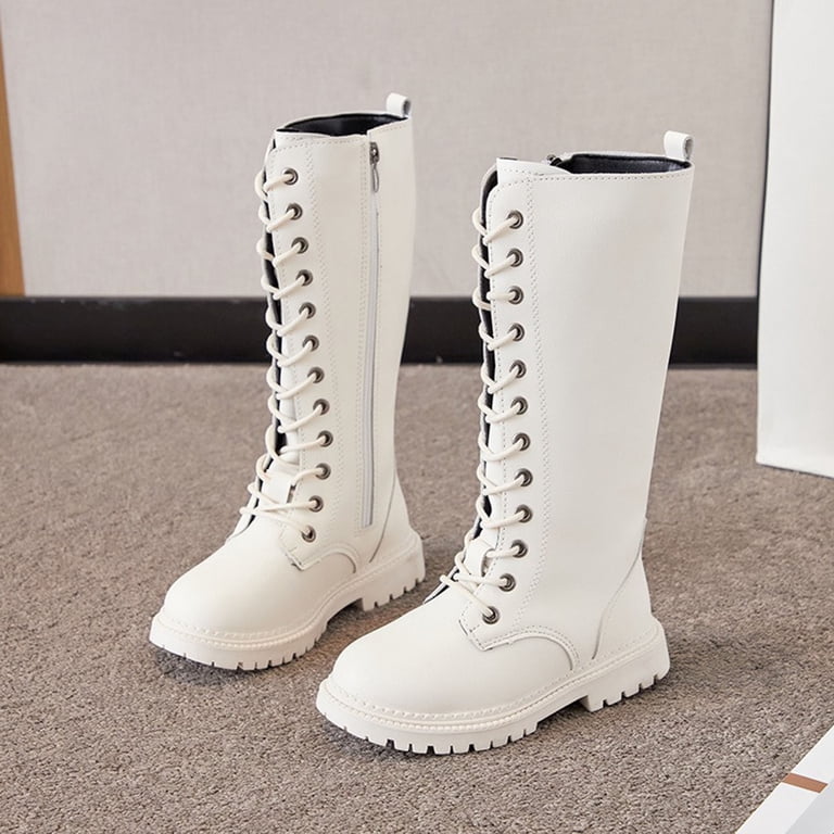 ZTKWD knee high Boots Girls White Boots Size 1 Girls White Lace-Up Combat Boots with Side Zipper, Knee-High Lug Sole Dress/School Boots Toddler/Little