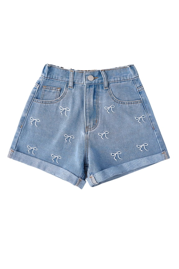 Girls Jean Shorts Casual Mid to High Rise Waist Cuffed Bow Denim Shorts with 5 Pockets