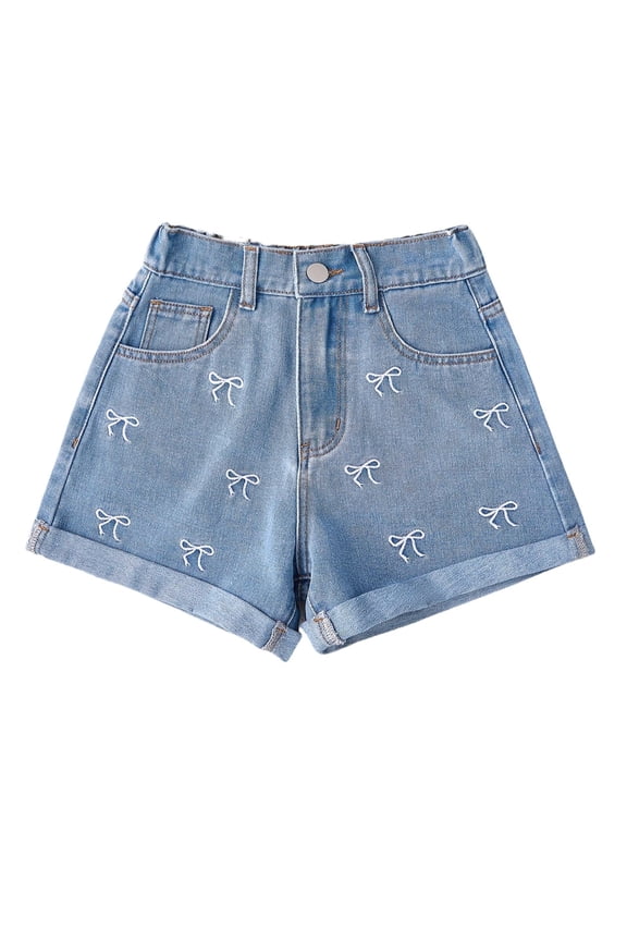 Girls' Denim Shorts Collection – Bow Embroidered / Distressed Ripped / Allover Bow Print High Waisted Denim Shorts for Kids Summer Casual Wear
