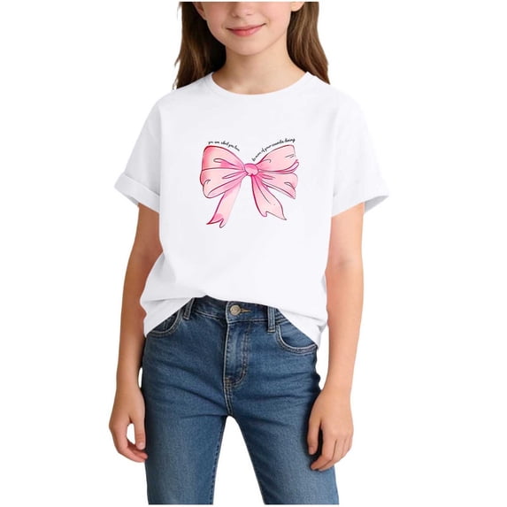 Girls White Bow Print T-Shirt Kids Short Sleeve Crew Neck Soft Knit Tee Size 2T,Size 12 T