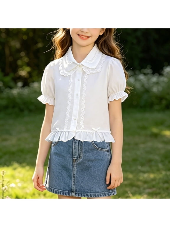 Girls White Cotton Lace Blouse – Peter Pan Collar Puff Sleeve Ruffle Peplum Top for Kids,Size 13 T