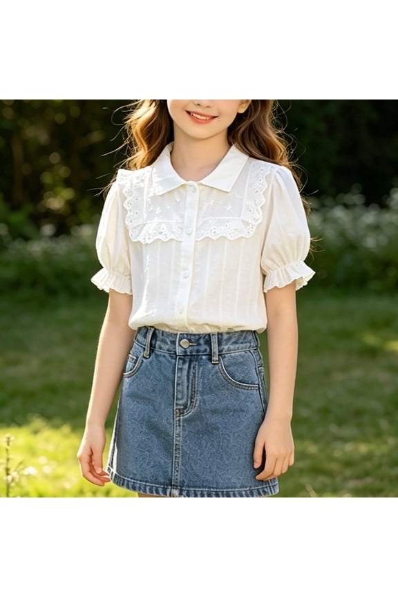 Girls White Cotton Lace Eyelet Puff Sleeve Peter Pan Collar Ruffle Cuff Button Down Blouse Preppy Top for Church School,Size 3 T