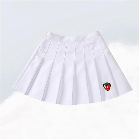 Girls White Cotton Pleated Skirt - Elastic Waist Embroidered Strawberry, Breathable 3-11Y for Casual School Daily Play,Size 5 T