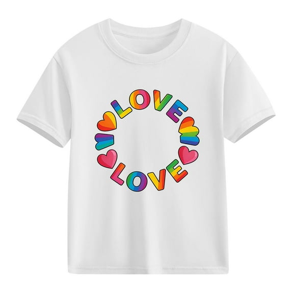 Girls White Cotton T-Shirt, Kids Love Rainbow Heart Graphic Short Sleeve Tee for Everyday Casual Wear,Size 4 T
