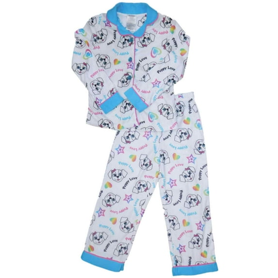 Girls White Dog With Bow Pajamas Puppy Love Rainbow Hearts Flannel Sleep Set XS