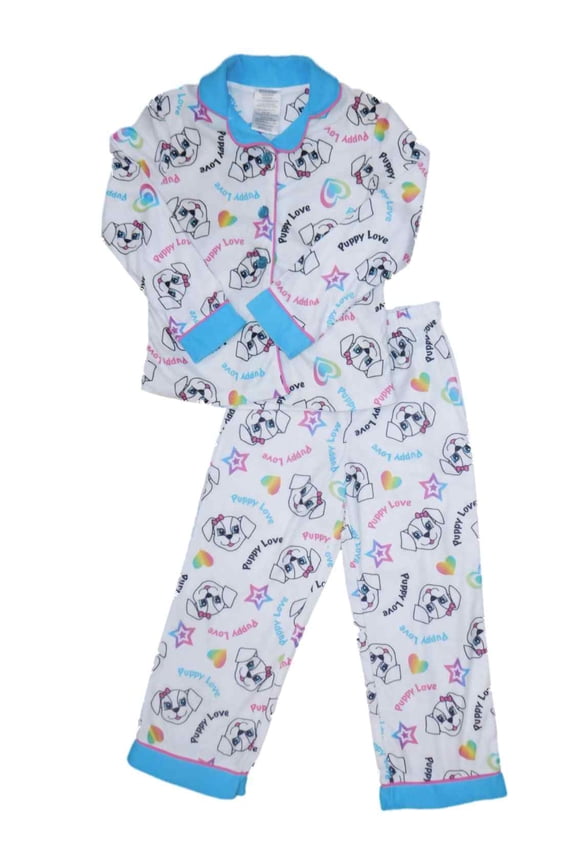 Girls White Dog With Bow Pajamas Puppy Love Rainbow Hearts Flannel Sleep Set XS