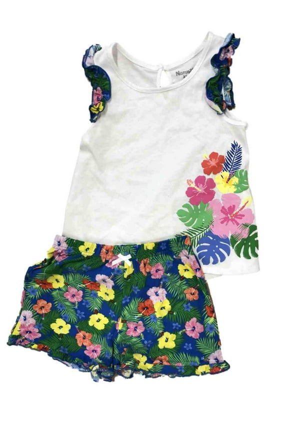 Girls White Floral Ruffled Tank Top & Blue Flower Shorts Outfit 6X