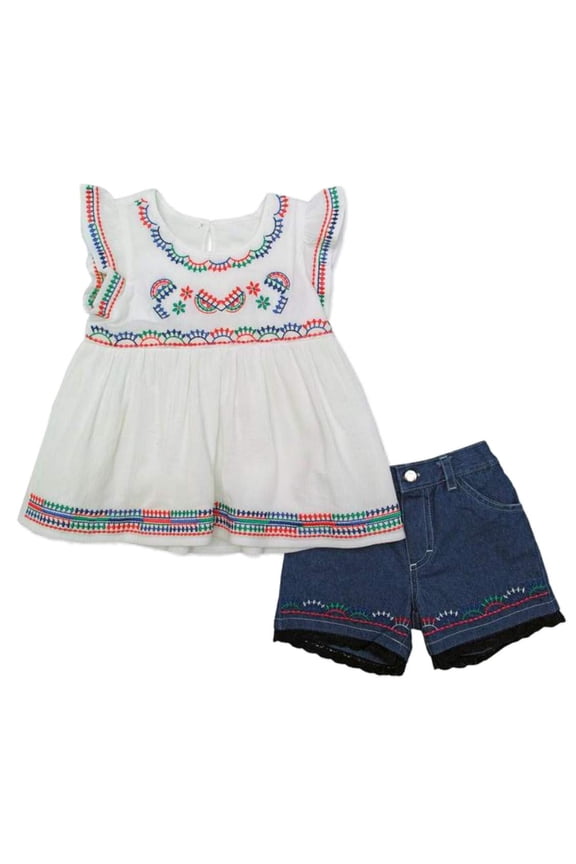 Girls White Flutter Sleeve Embroidery Tunic & Blue Denim Jean Shorts Set 5