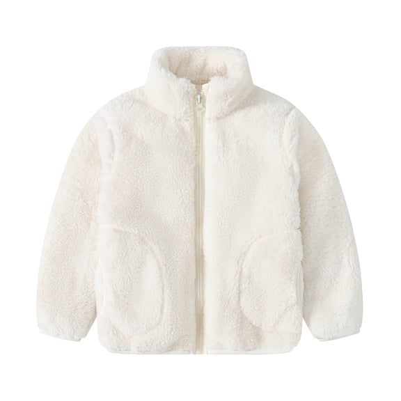 Girls White Fuzzy Fleece Jacket - Full Zip Lightweight Sherpa Cozy Winter Outerwear Zip-Up Coat for Kids Little Girls Ages 1-10,Size 6 T