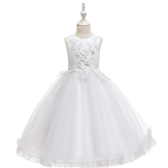 Girls White Gown Dress with Flower without Sleeves For Wedding, Pageant, Graduation, Birthday, Christmas and New Year ages 4-12 years old.