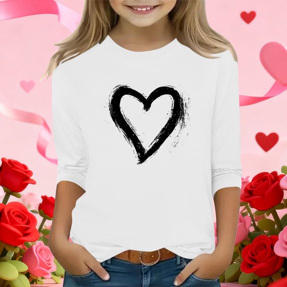 Girls White Heart Print Cold Shoulder Top - 3/4 Sleeve Soft Stretch Polyester Spandex Shirt, Easy Care Wrinkle Resistant for Kids Ages 4-12,Size 7-8T