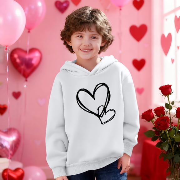 Girls White Heart Print Hoodie Oversized Lightweight V-Neck Sweatshirt for Teens Youth Sizes 100-160,Size 5 T