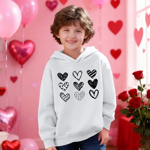 Girls White Hoodie with Cute Heart Print | Kids Oversized Pullover | Youth Lightweight Graphic Sweatshirt,Size 3 T