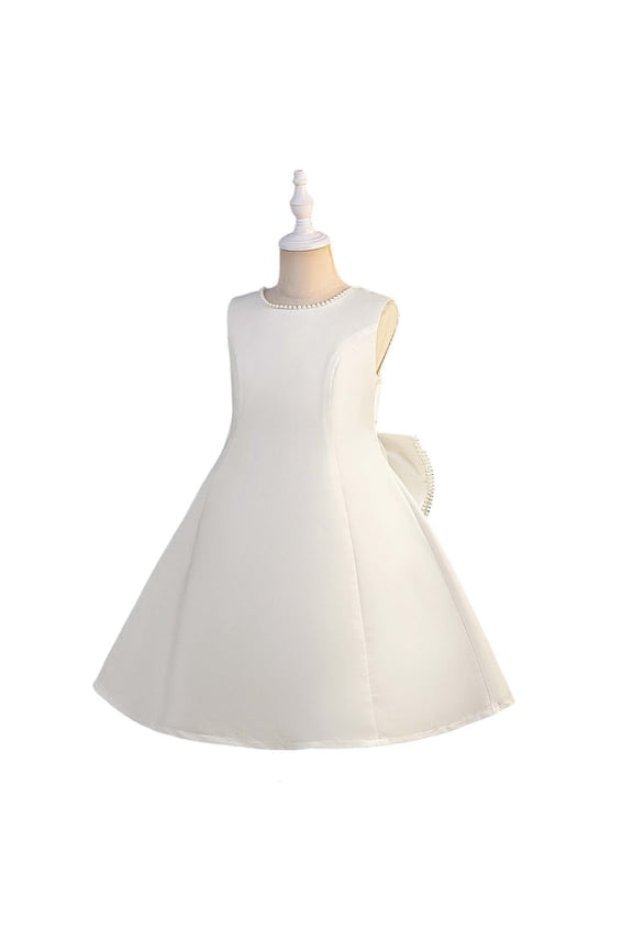 Girls White Ivory Party Dress Sleeveless A-Line, Flower Girl & First Communion Dress with Pearl Back Bow, Stretchy Formal Dress for Kids Sizes 8-14,Size 12 T