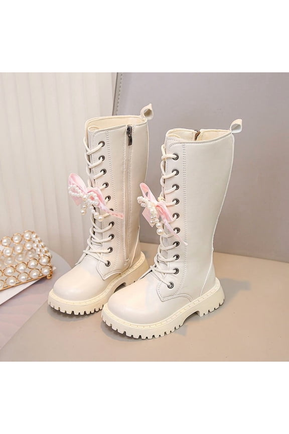 Girls White Knee High Combat Boots with Faux Faux Leather, Lace Up, Side Zipper, Bow & Pearl,Size 32