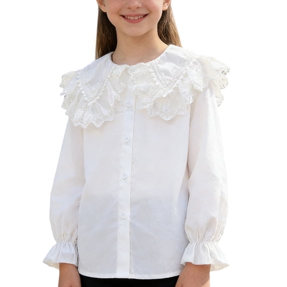 Girls' White Lace Collar Blouse Long Sleeve Top 100% Cotton Button Down Shirt with Ruffle Cuffs for School & Party (Age 3-14 Years),Size 12 T