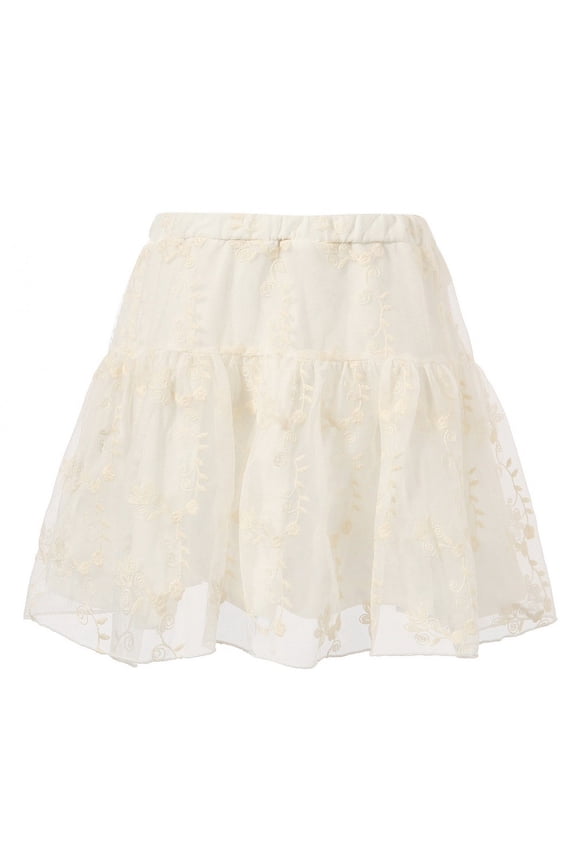Girls White Lace Covered Overlock Embroidered Skirt 7/8
