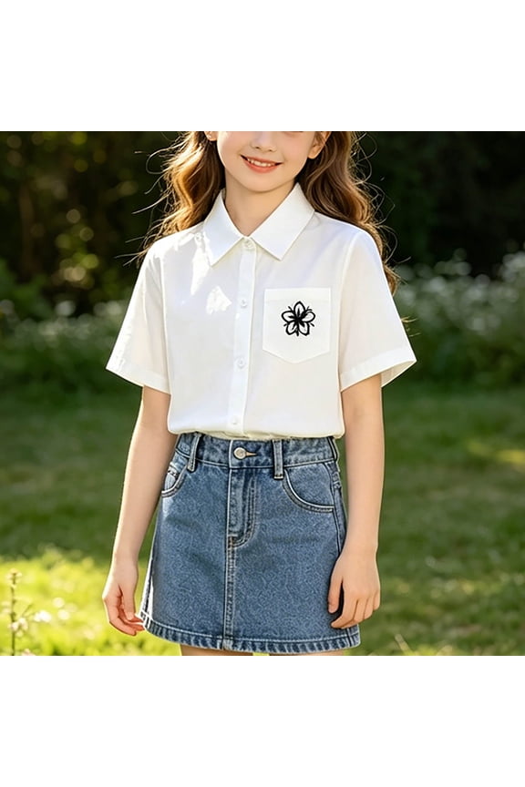 Girls' White Lace-Trimmed Short Sleeve Shirt, Peter Pan Collar with Embroidered Lace Overlay Blouse, Ideal for Summer Afternoon Tea and Casual Meet-Ups, 3-14 Years White 7-8 Years