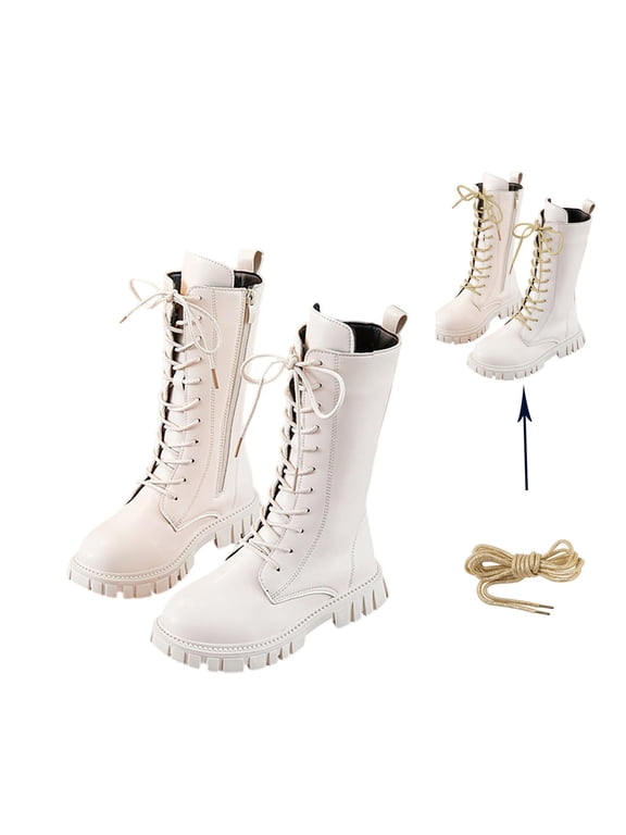 Girls White Lace-Up Combat Boots with Side Zipper, Knee-High Lug Sole Dress/School Boots – Little Kids